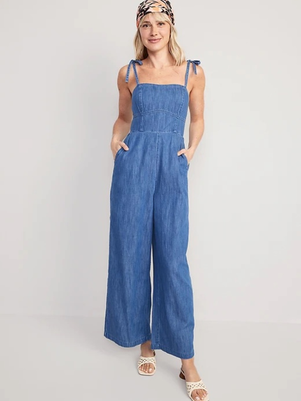 Old Navy Women's Blue Tie-Shoulder Wide-Leg Denim Jumpsuit size M Tall